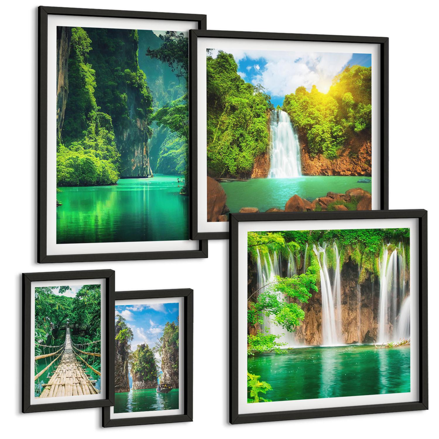BILDER SET 5er Set - 50x50 cm & 20x30 cm & 40x60 cm Schwarzer Rahmen - See, Berge, Boote, Ferienhaus - Schwarz, Kunststoff (40/60cm) - TULUP