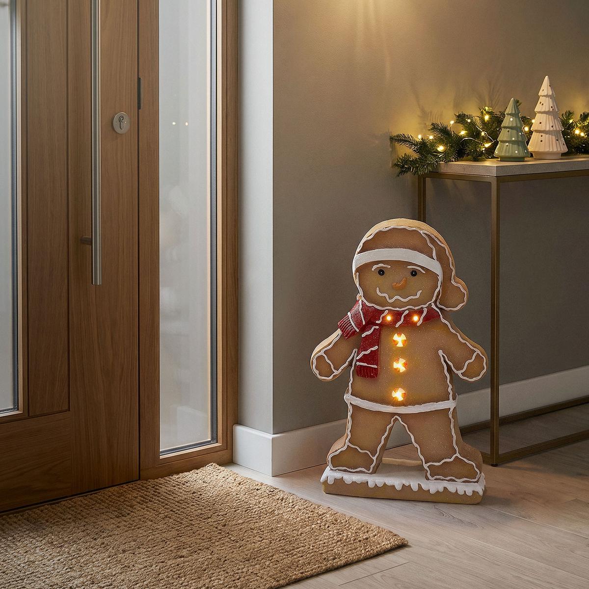 LEBKUCHENMANN-FIGUR mit Mütze & Schal 76 cm Weihnachtsdeko Innen mit LED-Beleuchtung - Braun, Stein (47/76/20cm) - ECD-Germany