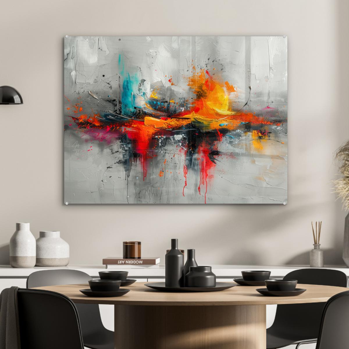 ACRYLGLASBILD Moderne Kunst - Orange - Grau - Abstrakt 80x60 cm - Hellgrau, Glas (80/60cm) - MuchoWow