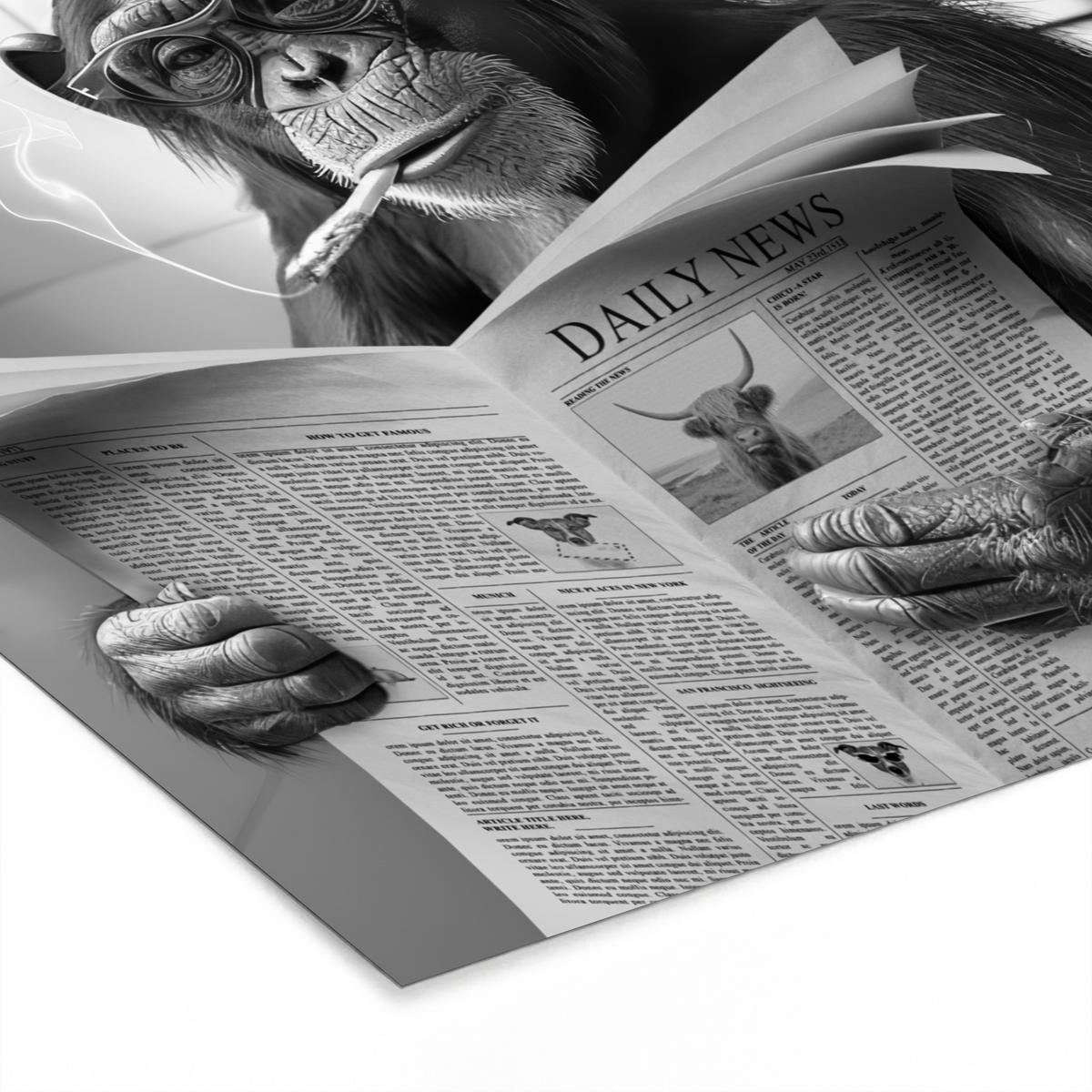 POSTER MIT RAHMENGERAHMTES BILD Affe - WC - Zeitung - Schwarz-Weiß - Humor 40x40 cm - Hellgrau, Papier (40/40cm) - MuchoWow