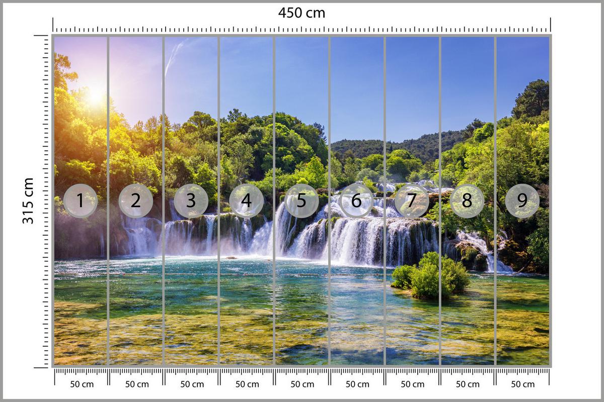 FOTOTAPETE Wasserfälle Wald Landschaft 3D 450x315 - Türkis/Blau, Papier (450/315cm) - Muralo