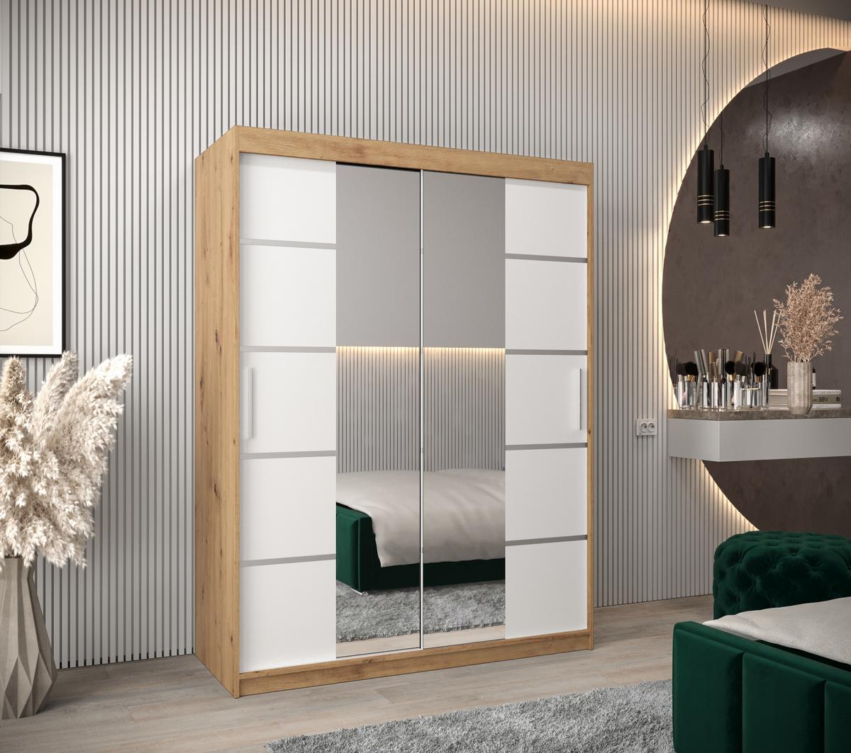 SCHWEBETÜRENSCHRANK 200/150/62 2-türig - Silberfarben/Weiß, Holz/Kunststoff (150/200/62cm) - MÖBEL KRYSPOL