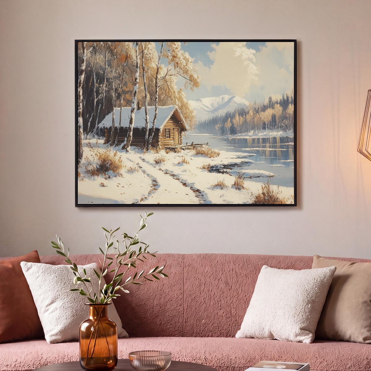 LEINWAND Bilder mit Rahmen - Winter - Schnee - Zuhause - Natur - 100x70 - Hellbraun, Textil (100/70cm) - MuchoWow