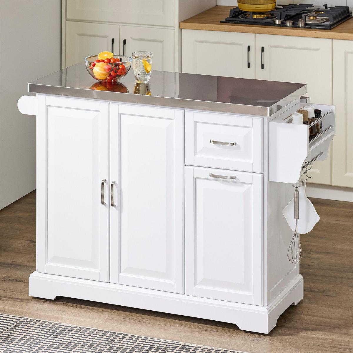 KÜCHENINSEL mit Edelstahl-Arbeitsplatte und Rollen 130×91×46(+25) cm - Weiß, Fell (107/91/71cm) - SoBuy