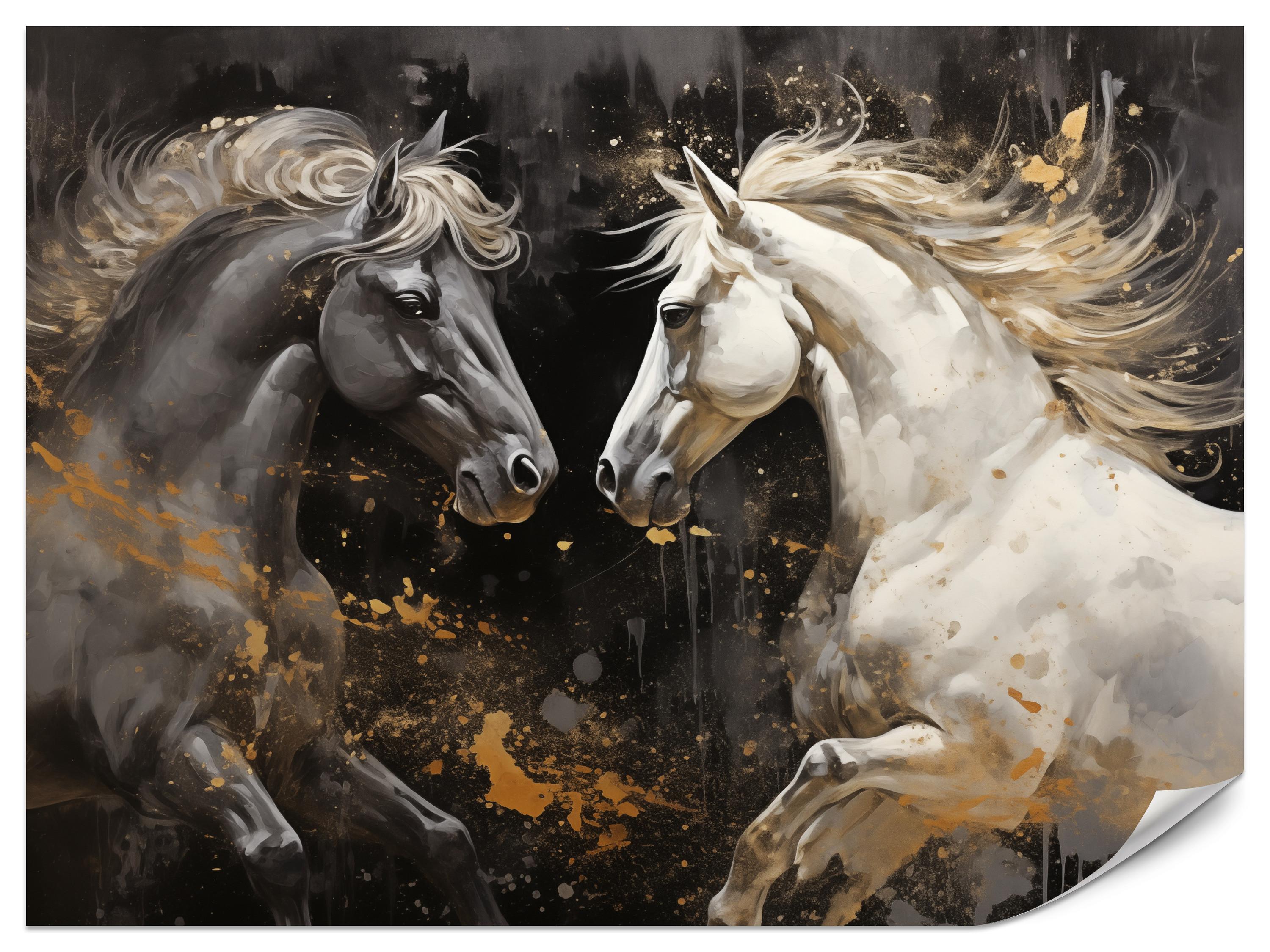 FOTOTAPETE für Büro Schwarz-Weiß Pferd Aquarell Goldakzente Eleganz 350x256 - Beige/Schwarz, Papier (350/256cm) - Muralo