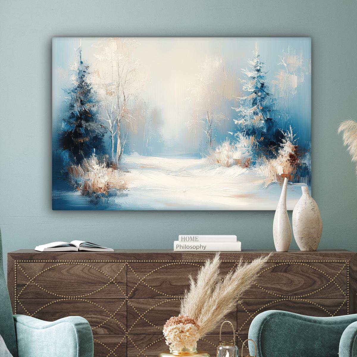 LEINWANDBILD Wald - Winter - Natur - Abstrakt - Schnee XXL 150x100 cm - Weiß, Textil (150/100cm) - MuchoWow