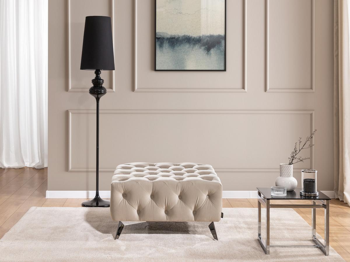 HOCKER Chesterfield Whitby Beige Samt mit silbernen Füßen - Beige/Silberfarben, Holz/Textil (80/45/80cm) - S-Style Möbel