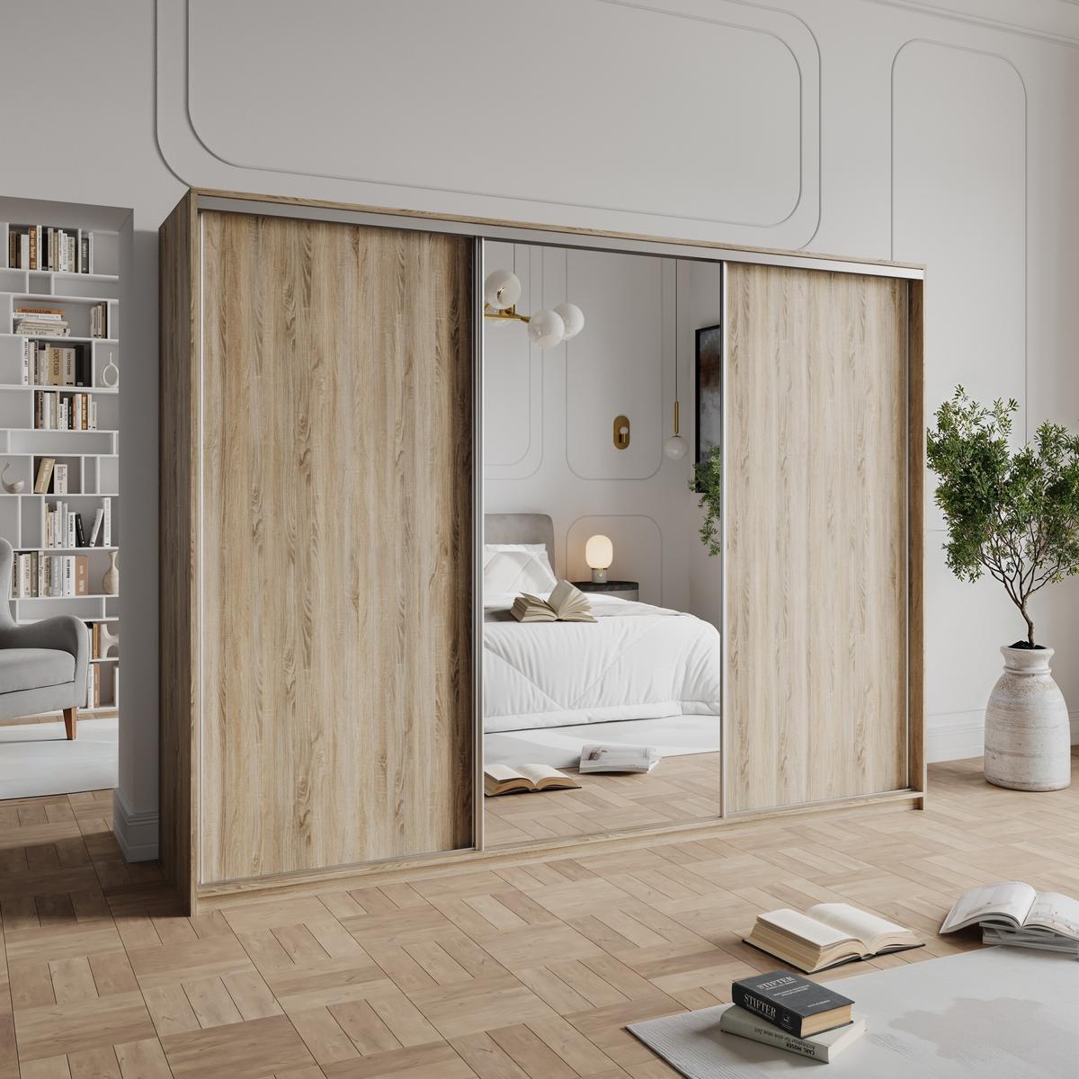 SCHWEBETÜRENSCHRANK TAVI 270/205/60 cm 3-türig mit Spiegel Sonoma Eiche - Sonoma Eiche, Holzwerkstoff (270/205/60cm) - MASSENO