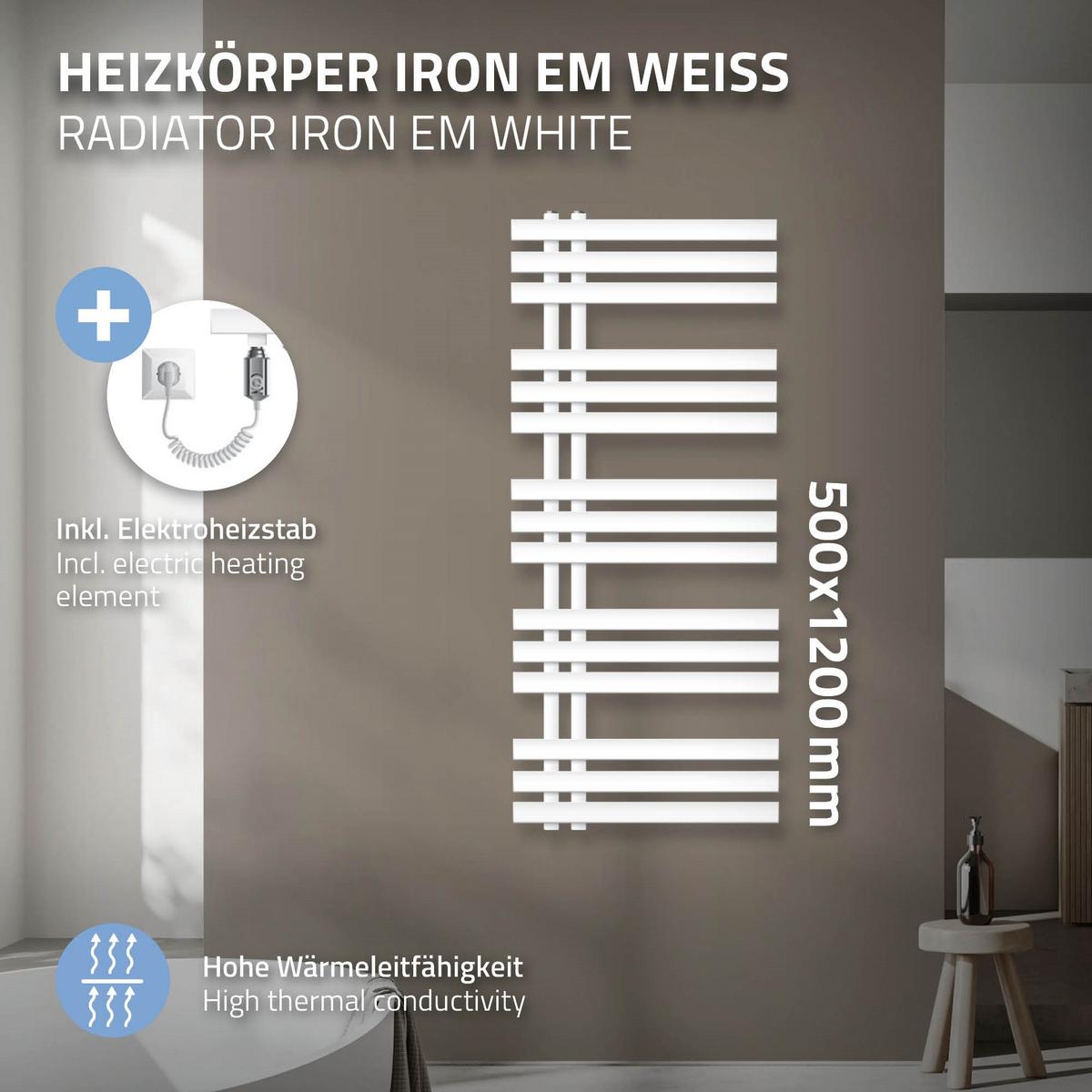 BADHEIZKÖRPER elektrisch Iron EM 500x1200 mm Weiß mit Heizstab 1200W - Weiß, Metall (50/120/3cm) - LuxeBath
