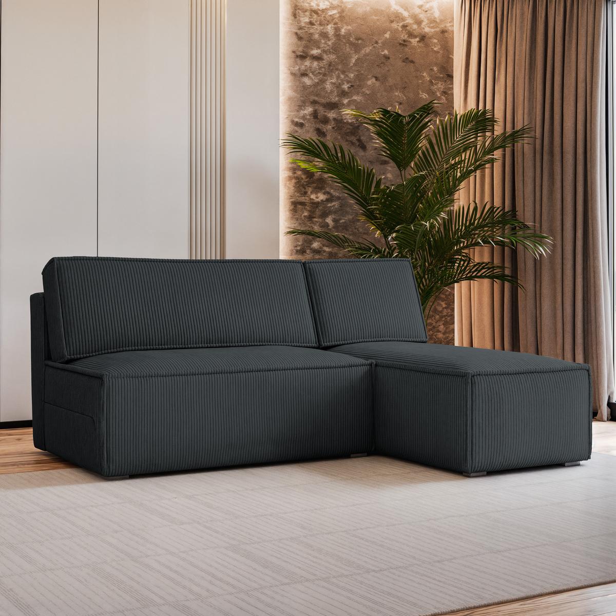 ECKSOFA BRISO P Graphitfarben Kordstoff mit Schlaffunktion - Graphitfarben/Grau, Holz/Kunststoff (200/140cm) - MASSENO
