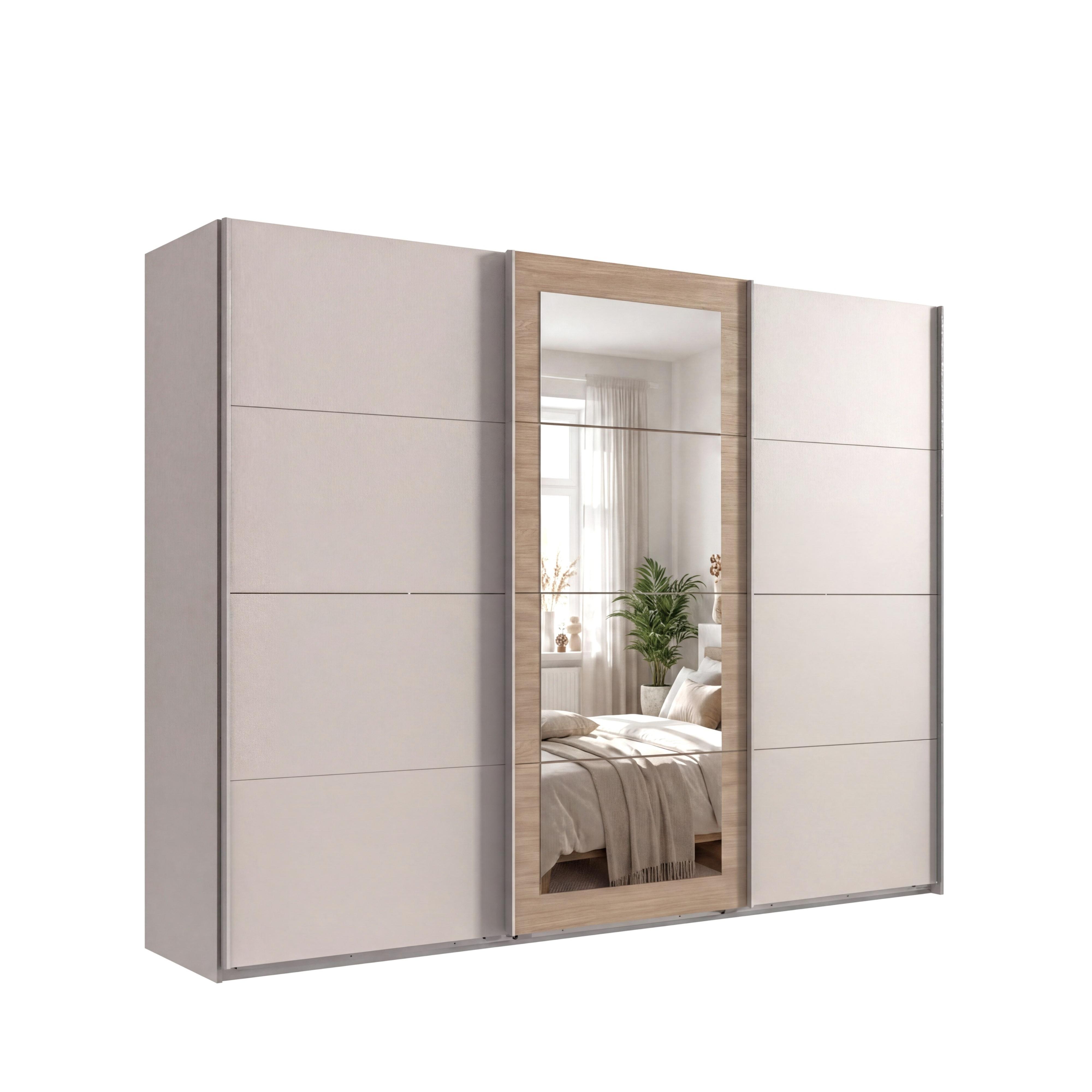 SCHWEBETÜRENSCHRANK 3-türig B270/H208/64 cm Kleiderschrank in Beige Grau, Spiegel umrahmt in Eiche Natur, Griffe Beige Grau / 22628 - Beige/Grau, Holzwerkstoff/Metall (270/208/64cm) - luma-home