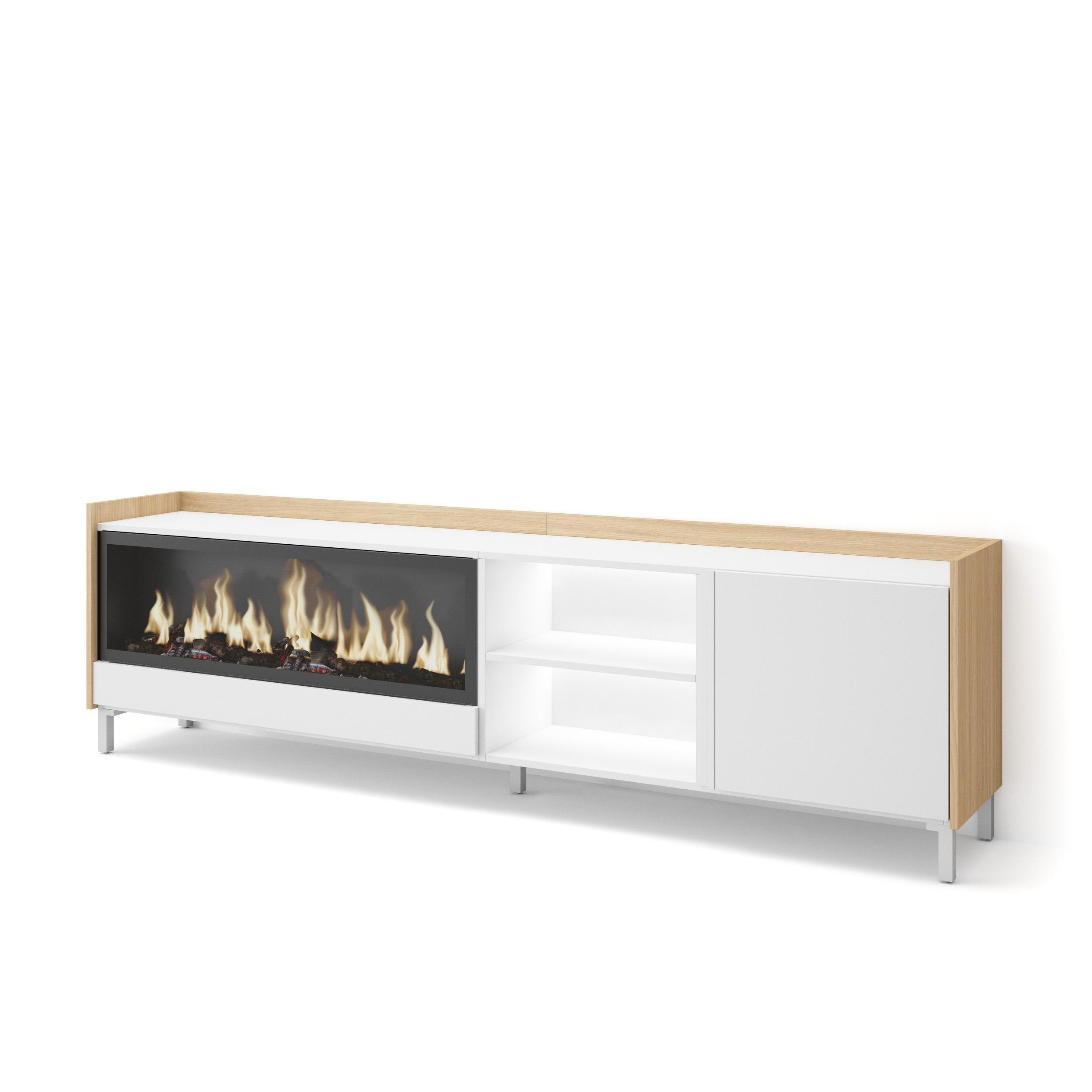 LOWBOARD, Weiß und Eiche, 212/35/61cm, Kamin mit Feuereffekt XXL - Weiß, Holzwerkstoff (212/61/35cm) - Skraut Home