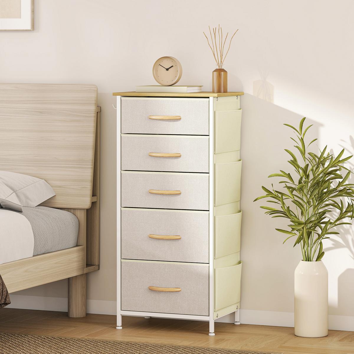 KOMMODE mit 5 Schubladen aus Vliesstoff Beige - Beige/Naturfarben, Holz/Textil (30/94.5/45cm) - HOMCOM