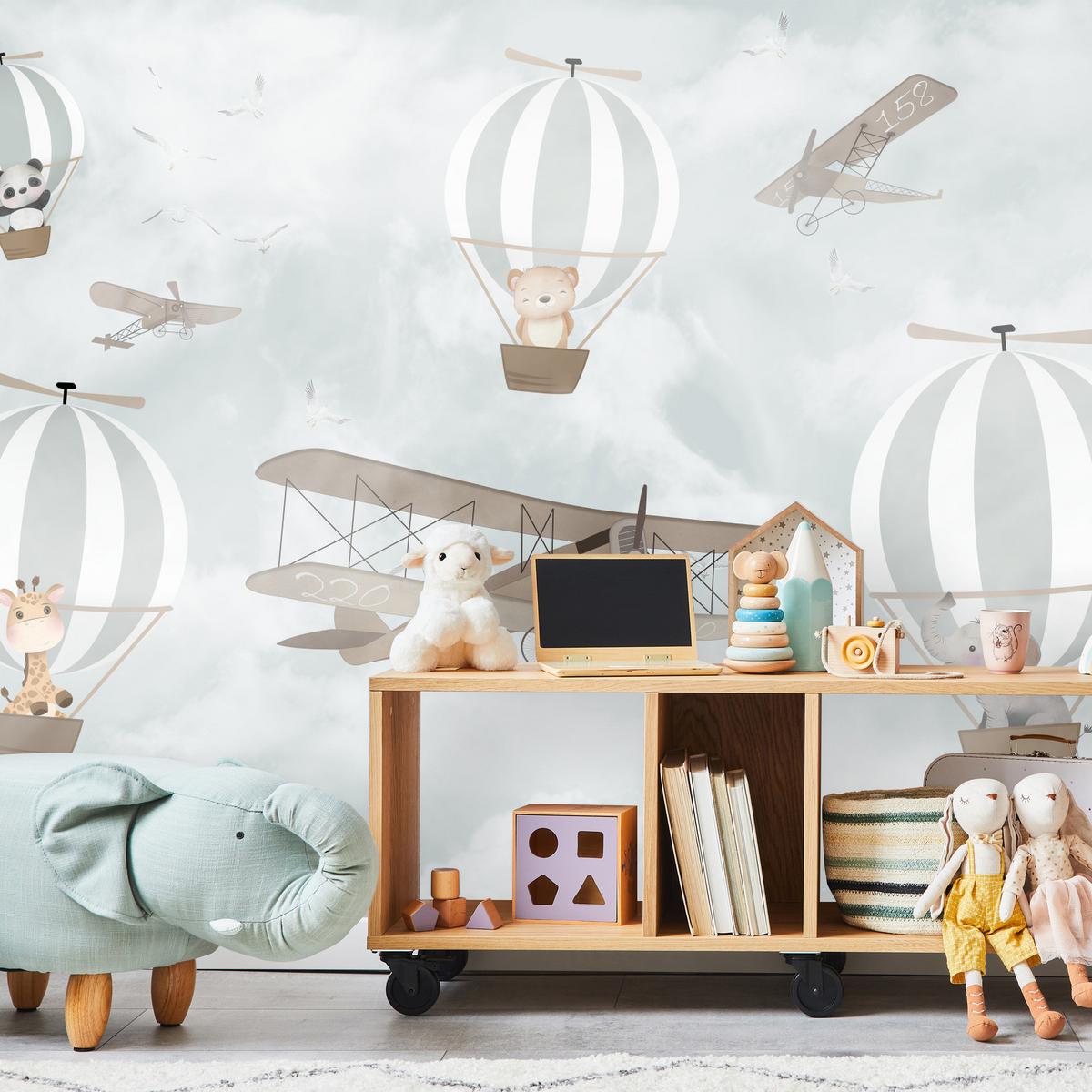 FOTOTAPETE für Kinderzimmer Ballons Tiere Wolken Flugzeuge Fantasie Retro 150x105 - Beige/Braun, Papier (150/105cm) - Muralo