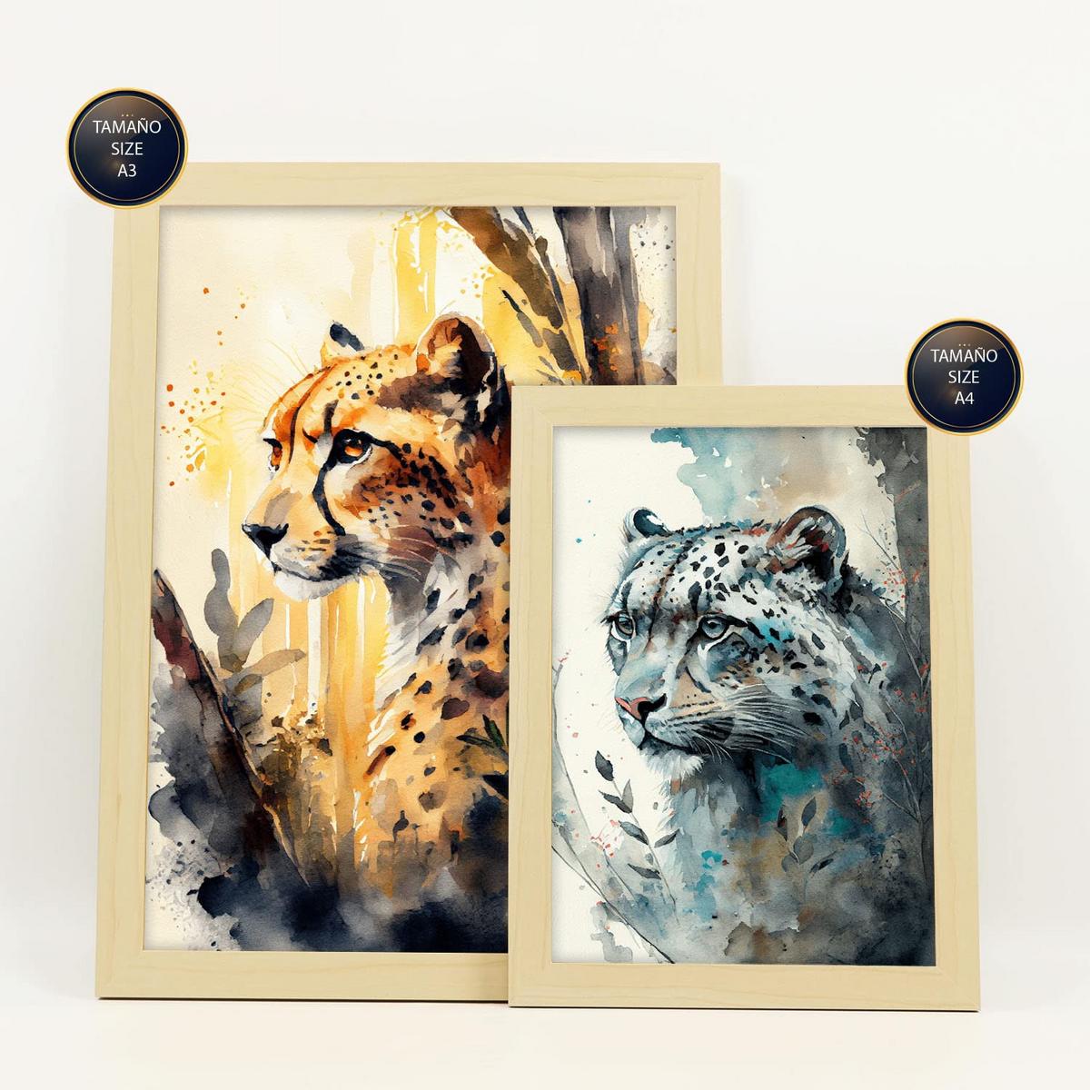 POSTER Set Mit 6 Katzen Illustrationen Von Tieren In Naturlandschaften, Realistischer Aquarellstil Innenarchitektur A3 & A4 Rahmen Aus Hellem Holz - Beige, Papier (29/3cm) - Nacnic