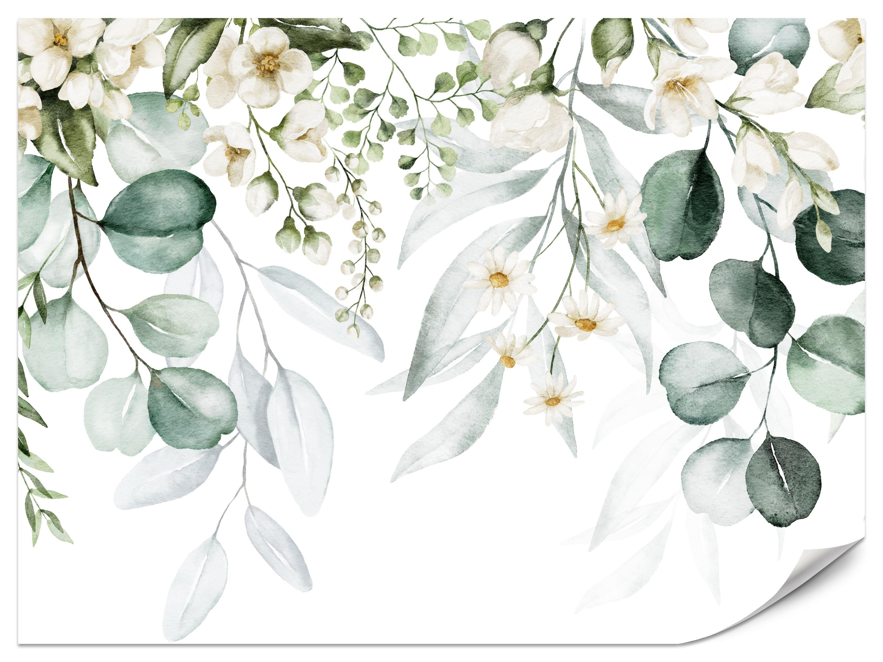 FOTOTAPETE für Schlafzimmer Aquarell Blätter Blumen Weiß 350x256 - Gelb/Weiß, Papier (350/256cm) - Muralo