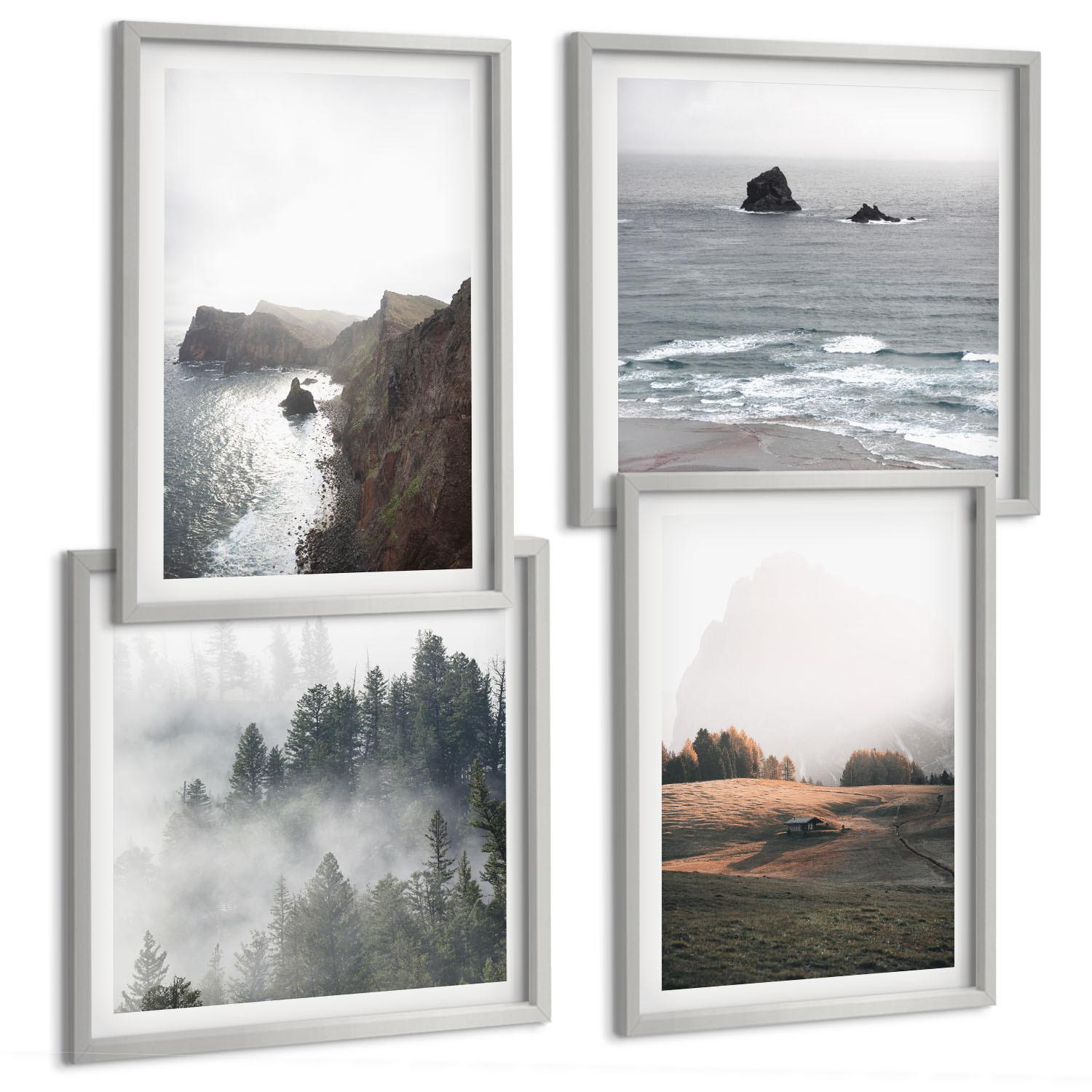 BILDER SET 4er Set - 50x50 cm & 40x60 cm Silberner Rahmen - Landschaften aus Bergen und Meer - Silberfarben, Kunststoff (50/50cm) - TULUP
