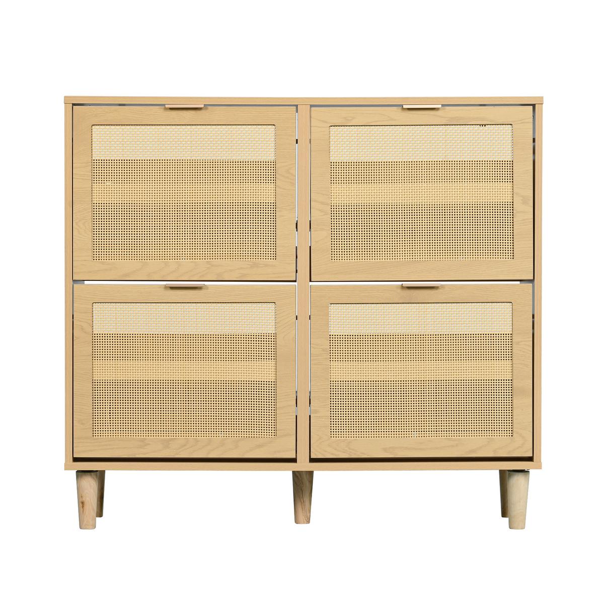 SCHUHSCHRANK mit Rattan-Front & 4 Klappen in Eiche-Optik - Sonoma Eiche, Holzwerkstoff (100/90/25cm) - Urban Meuble