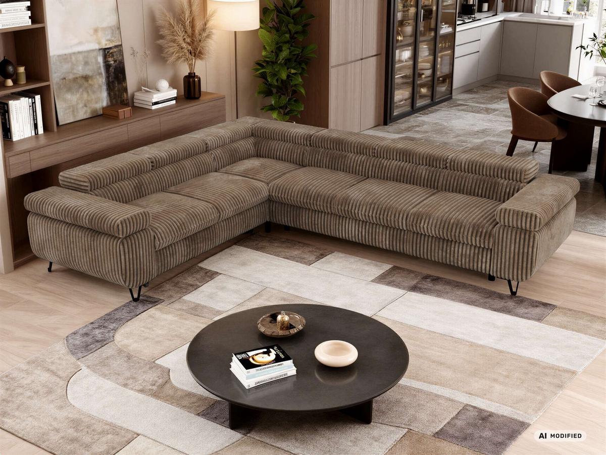 ECKSOFA NORDEN L - Braun Cord - Rechts Seite - Schwarz/Braun, Textil/Metall (329/269cm) - MKS