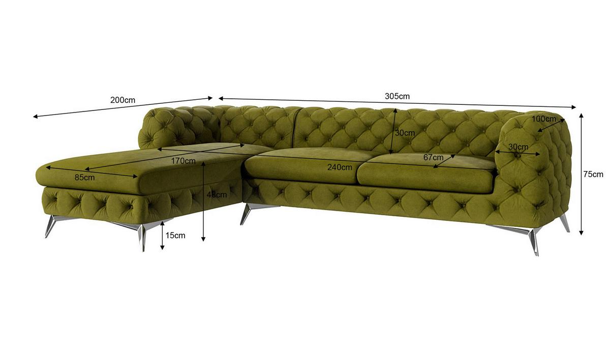ECKSOFA Chesterfield Laura Olive Samt - Silberfarben/Olivgrün, Holz/Textil (305/200cm) - S-Style Möbel