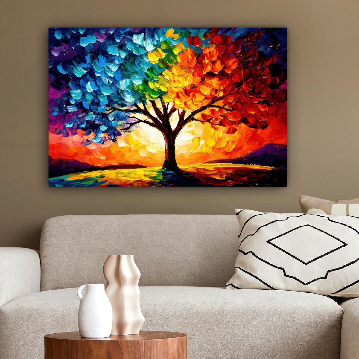LEINWANDBILD Baum - Kunst - Natur - Sonnenuntergang Gemälde 60x40 cm - Multicolor, Textil (60/40cm) - MuchoWow