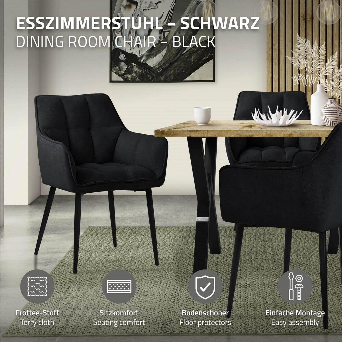 ESSZIMMERSTUHL Schwarz Frotteestoff - Schwarz, Textil/Metall (63/90/57cm) - ML-DESIGN