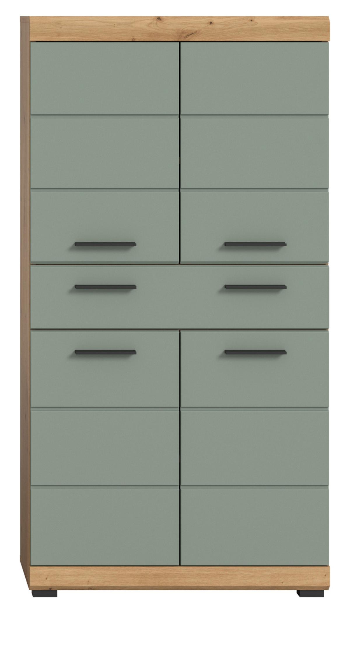 MIDISCHRANK Salbei grün, Eiche Artisan 74 x 141 cm, Badschrank 4-türig - Salbeigrün/Schwarz, Holzwerkstoff/Kunststoff (74/141/31cm) - Inn.Furn