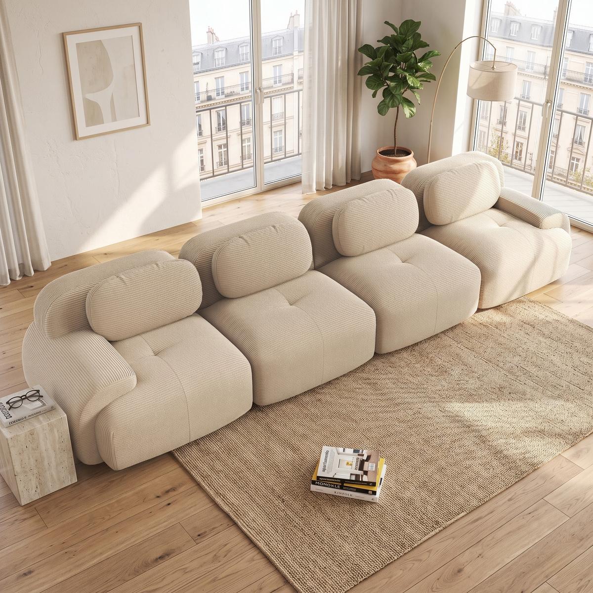 4-SITZER SOFA Modulares Boneless Cord Sofa Rahmenlos - Beige, Textil (388/75/103cm) - Urban Meuble
