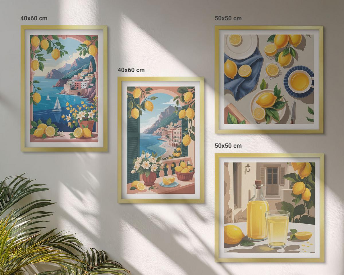 BILDER SET 4er Set - 50x50 cm & 40x60 cm Goldrahmen - Meerblick, italienische Zitronen - Goldfarben, Kunststoff (50/50cm) - TULUP