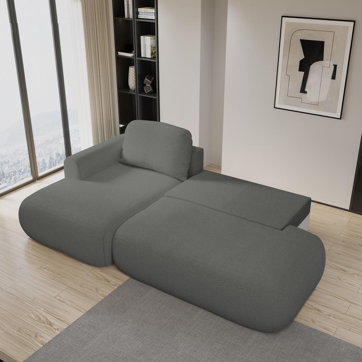 ECKSOFA NUVIRA L-S Grau Boucle-Stoff mit Schlaffunktion - Grau, Holz (279/158cm) - MASSENO