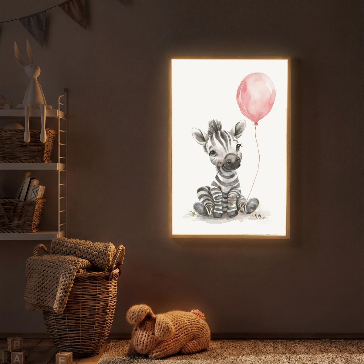 WANDLEUCHTE MIT AKKU Zebra - Baby - Tiere - Rosa Luftballon 60x90 cm - Weiß, Holzwerkstoff (60/90/8cm) - OnlyWow
