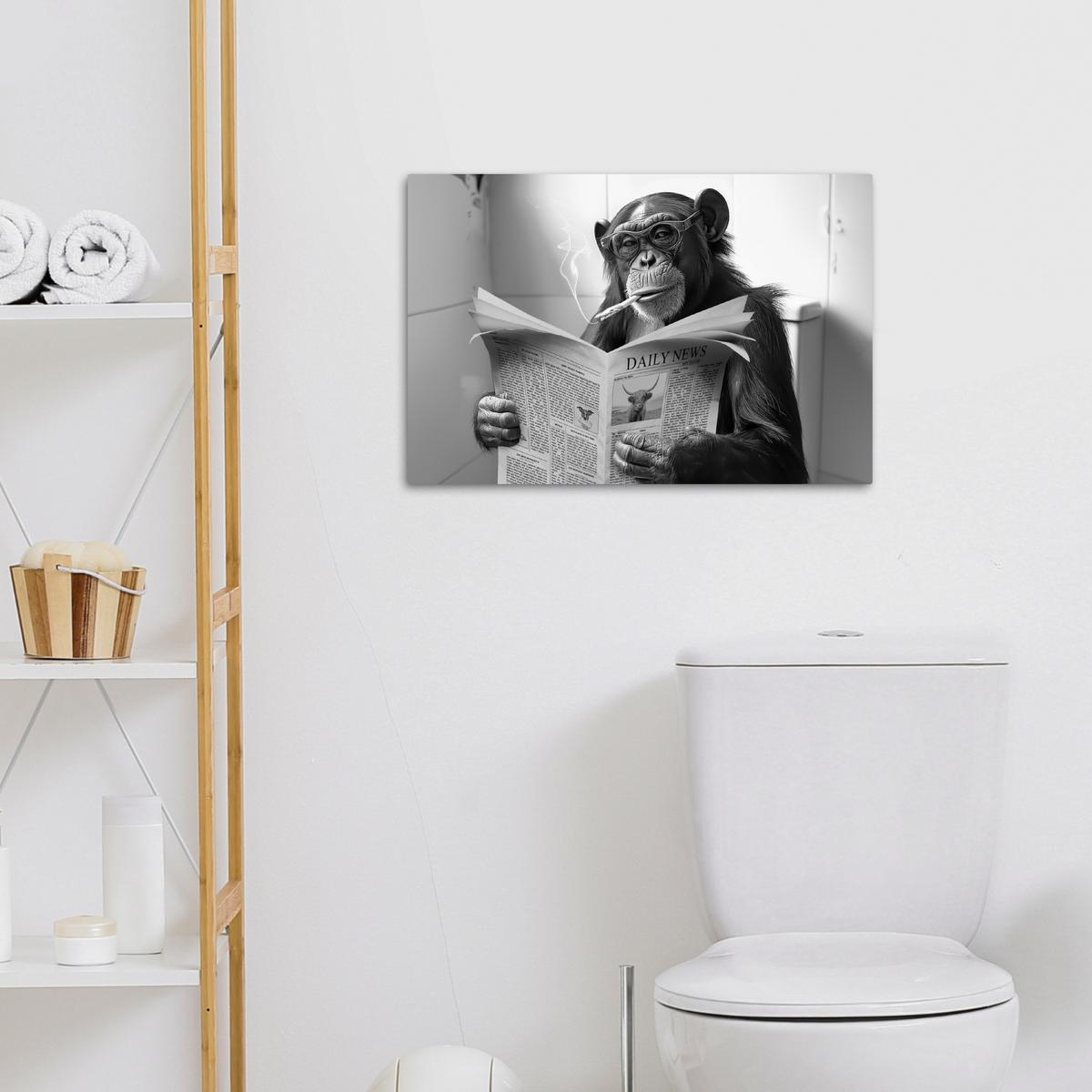 LEINWANDBILD Affe - WC - Zeitung - Schwarz-Weiß - Humor Gemälde 60x40 cm - Hellgrau, Textil (60/40cm) - MuchoWow