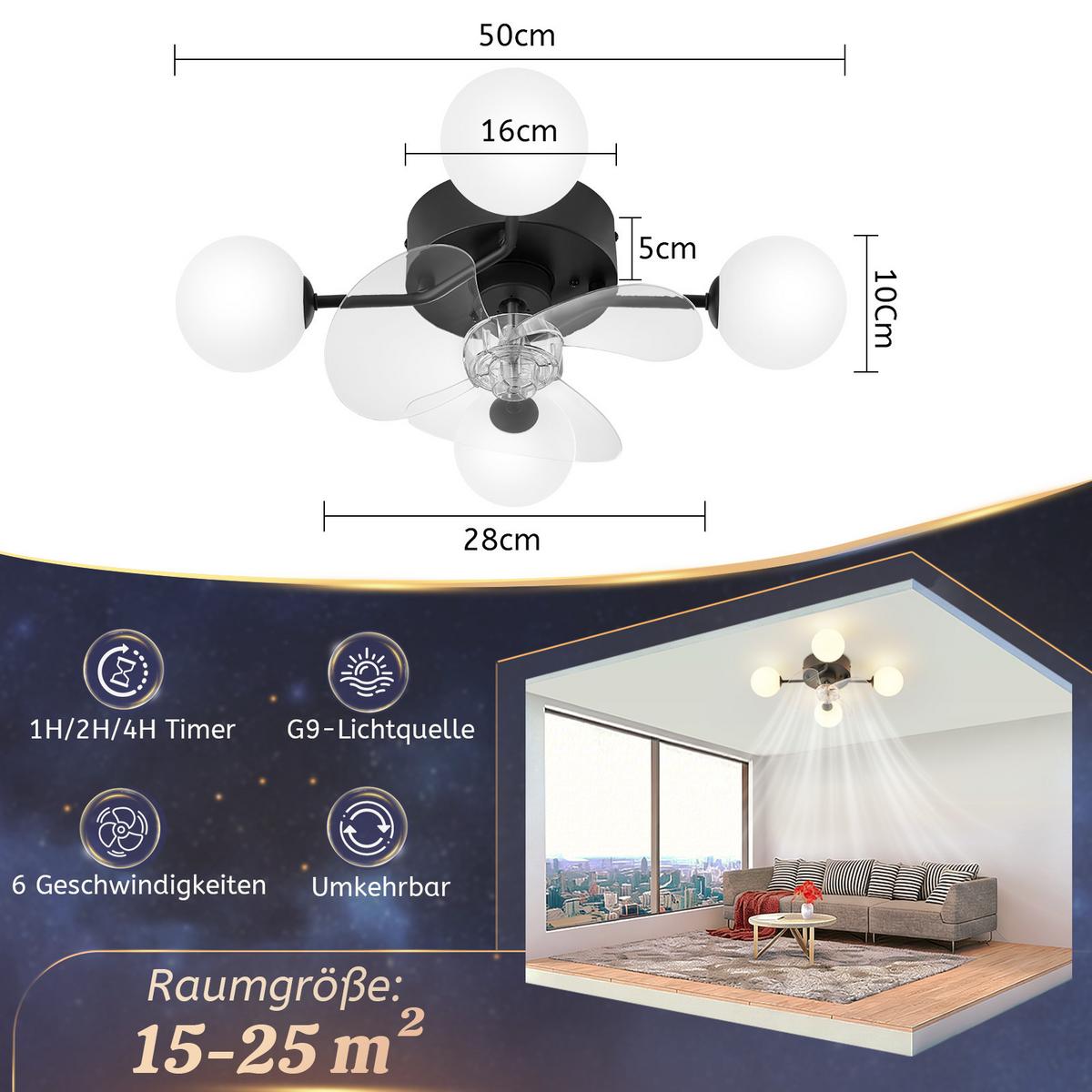 DECKENVENTILATOR mit Beleuchtung Palen 50/28/15 cm - Schwarz/Weiß, Kunststoff/Metall (50/28/15cm) - ZMH