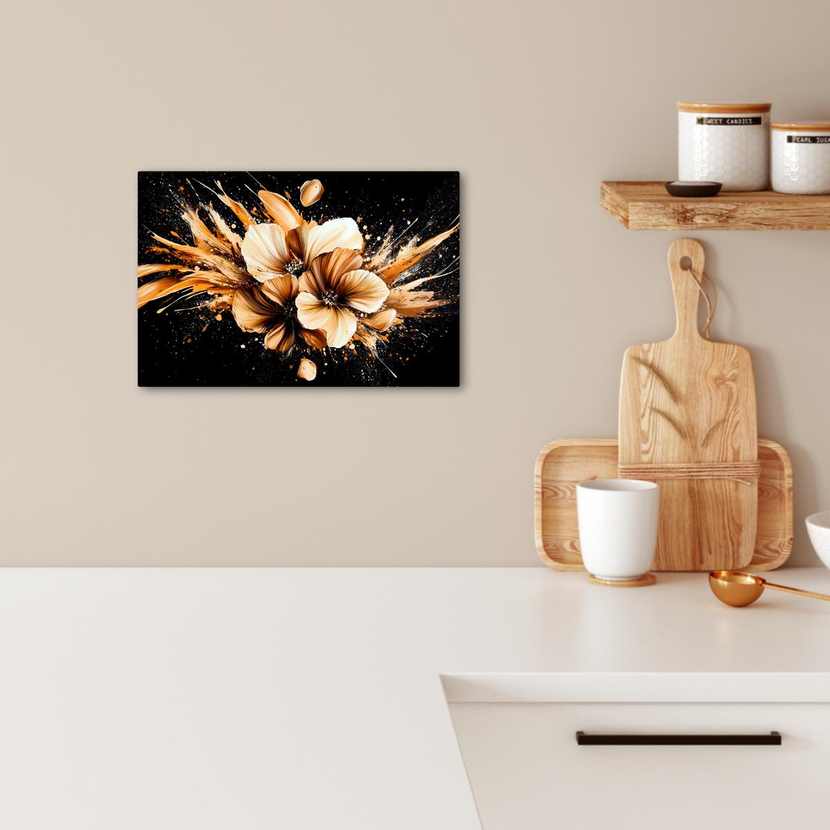 LEINWANDBILD Blumen - Gold - Graffiti - Schwarz - Abstrakt Deko Schlafzimmer 30x20 cm - Cappuccino, Textil (30/20cm) - MuchoWow