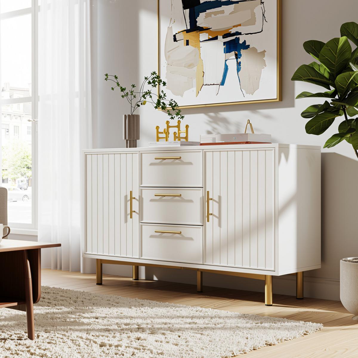 SIDEBOARD holzwerkstoff weiß mit rillenfront, 2 türen & 3 schubladen - Weiß, Holzwerkstoff (120/40/75cm) - Urban Meuble