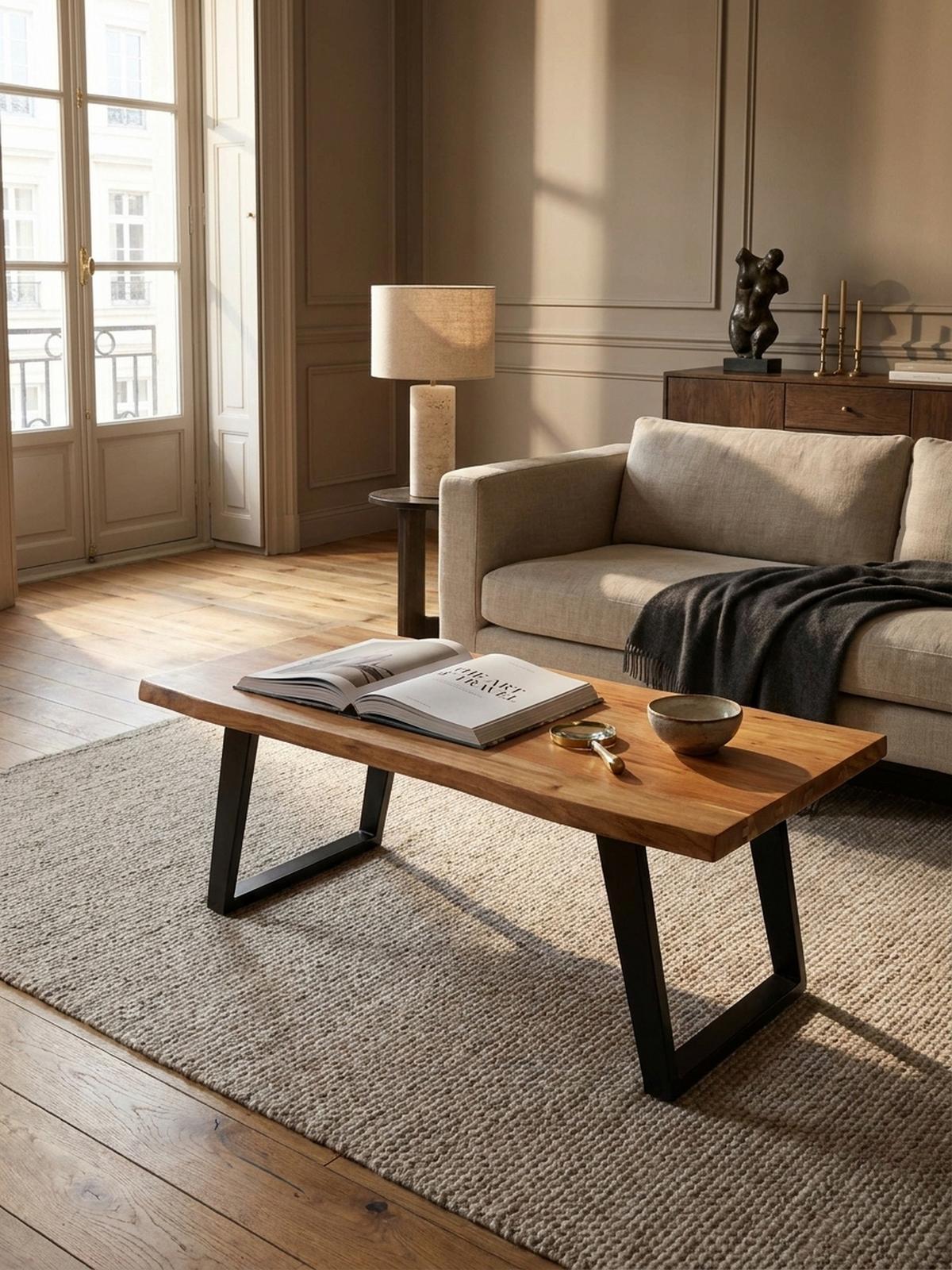 COUCHTISCH Braun Akazie Massivholz Baumkante 120x60x46 cm, Metallbeine U-Form - Schwarz/Akaziefarben, Holz/Metall (60/120/46cm) - KADIMA DESIGN