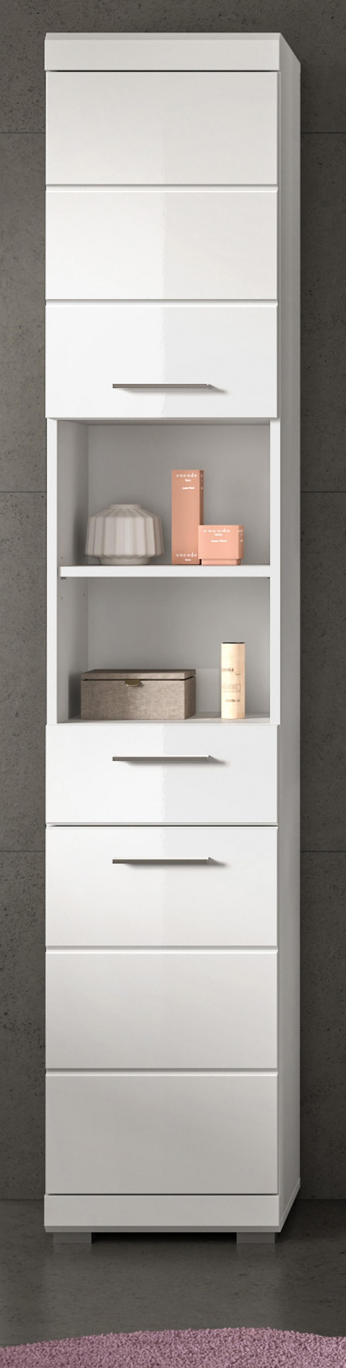HOCHSCHRANK weiß Hochglanz 37 cm, Badschrank mit 6 Fächern - Weiß Hochglanz/Silberfarben, Holzwerkstoff/Kunststoff (37/191/31cm) - Inn.Furn