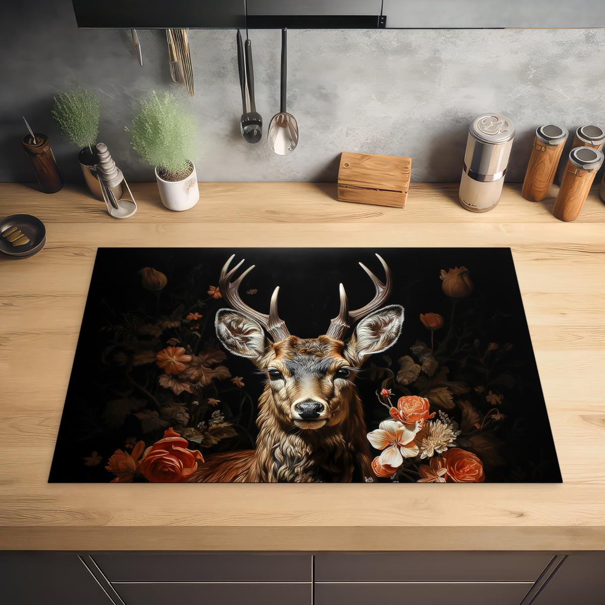 HERDABDECKPLATTE Hirsch - Tier - Blumen - Natur - Botanisch Induktionsschutz 80x52.2 cm - Kupferfarben, Kunststoff (80.2/52.2/0.2cm) - MuchoWow