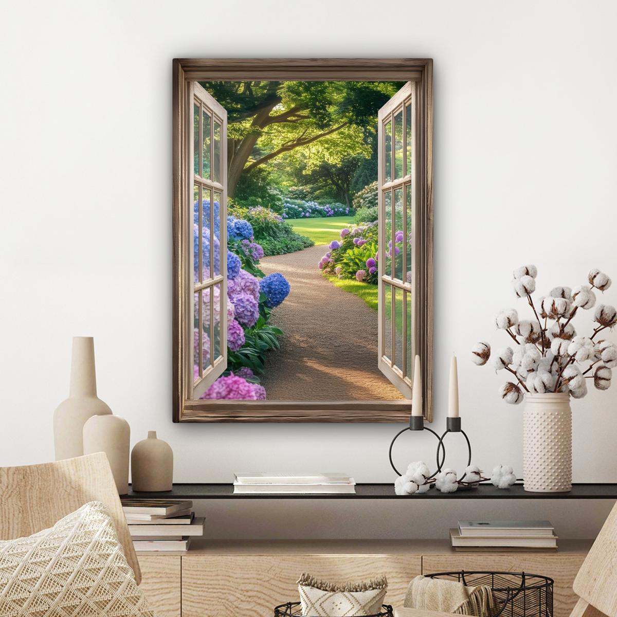 LEINWANDBILD Aussicht - Garten - Fenster - Hortensie - Blumen Wandbild Wohnzimmer 60x80 cm - Pastellblau, Textil (60/80cm) - MuchoWow