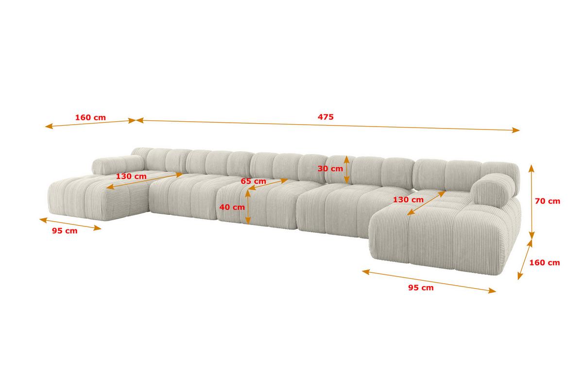 WOHNLANDSCHAFT modulares Sofa Tesso-U3 - 475x160x70 cm Creme Cord - Hellgrau/Creme, Holzwerkstoff/Textil (475/70/160cm) - ALTDECOR