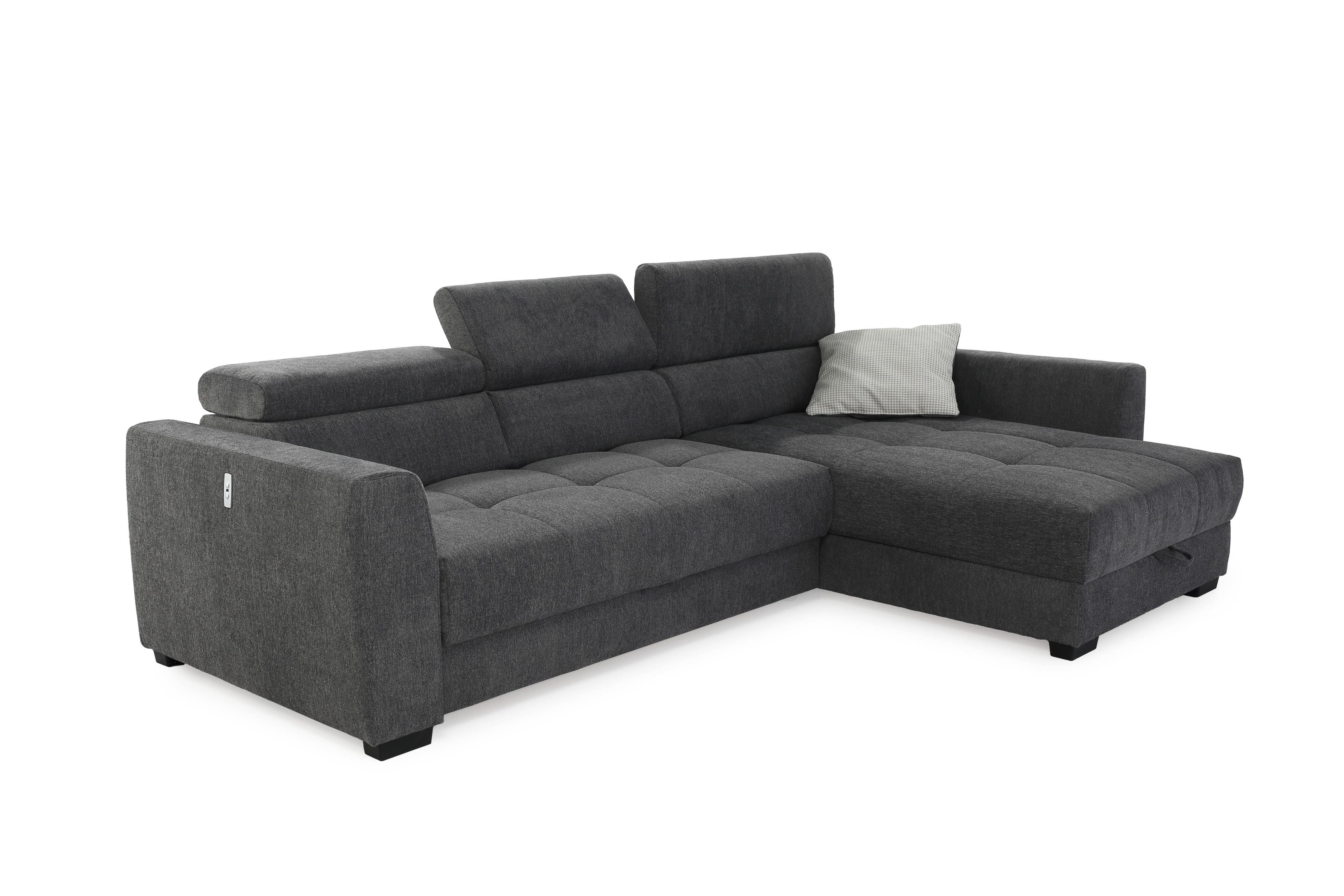 ECKSOFA mit elektrischer Sitztiefenverstellung, Kopflehnen verstellbar, USB-Ladefunktion, Bettkasten B300/T196/H103 cm, Chenille Dunkelgrau / 15409 - Dunkelgrau/Schwarz, Kunststoff/Textil (300/196cm) - luma-home