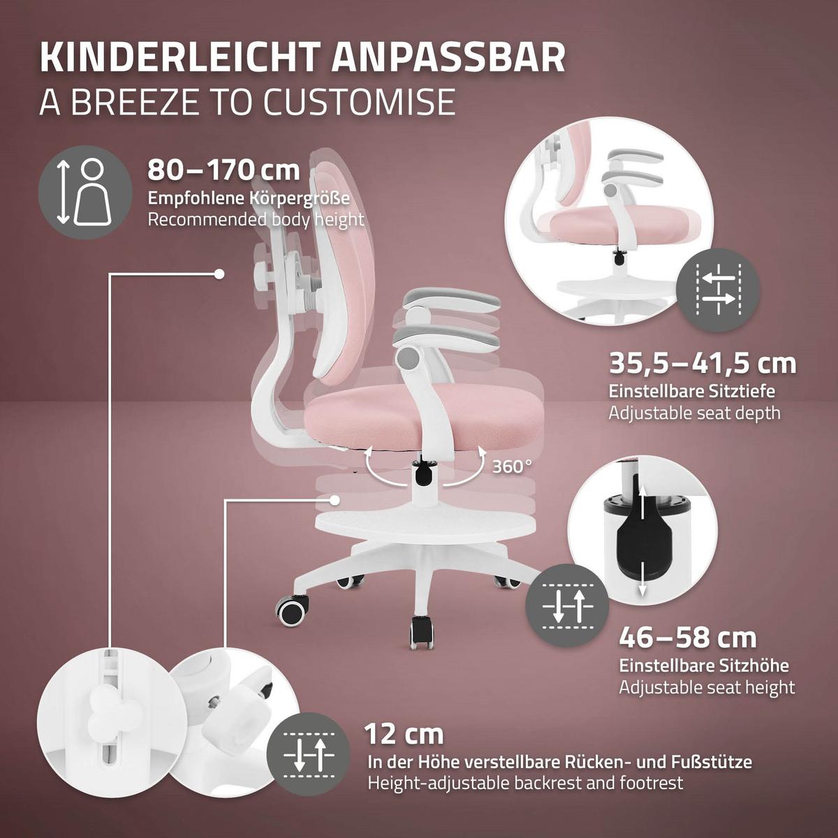 KINDERSCHREIBTISCHSTUHL Rosa 95-107 cm aus Polyester - Pink/Weiß, Kunststoff/Textil (53/107/53cm) - ML-DESIGN