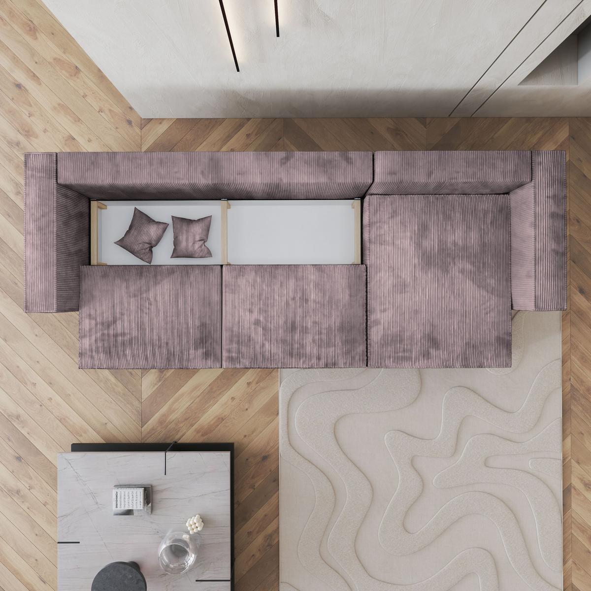 ECKSOFA TOLMO P Lila Kordstoff mit Schlaffunktion - Lila/Grau, Holz/Kunststoff (347/148cm) - MASSENO