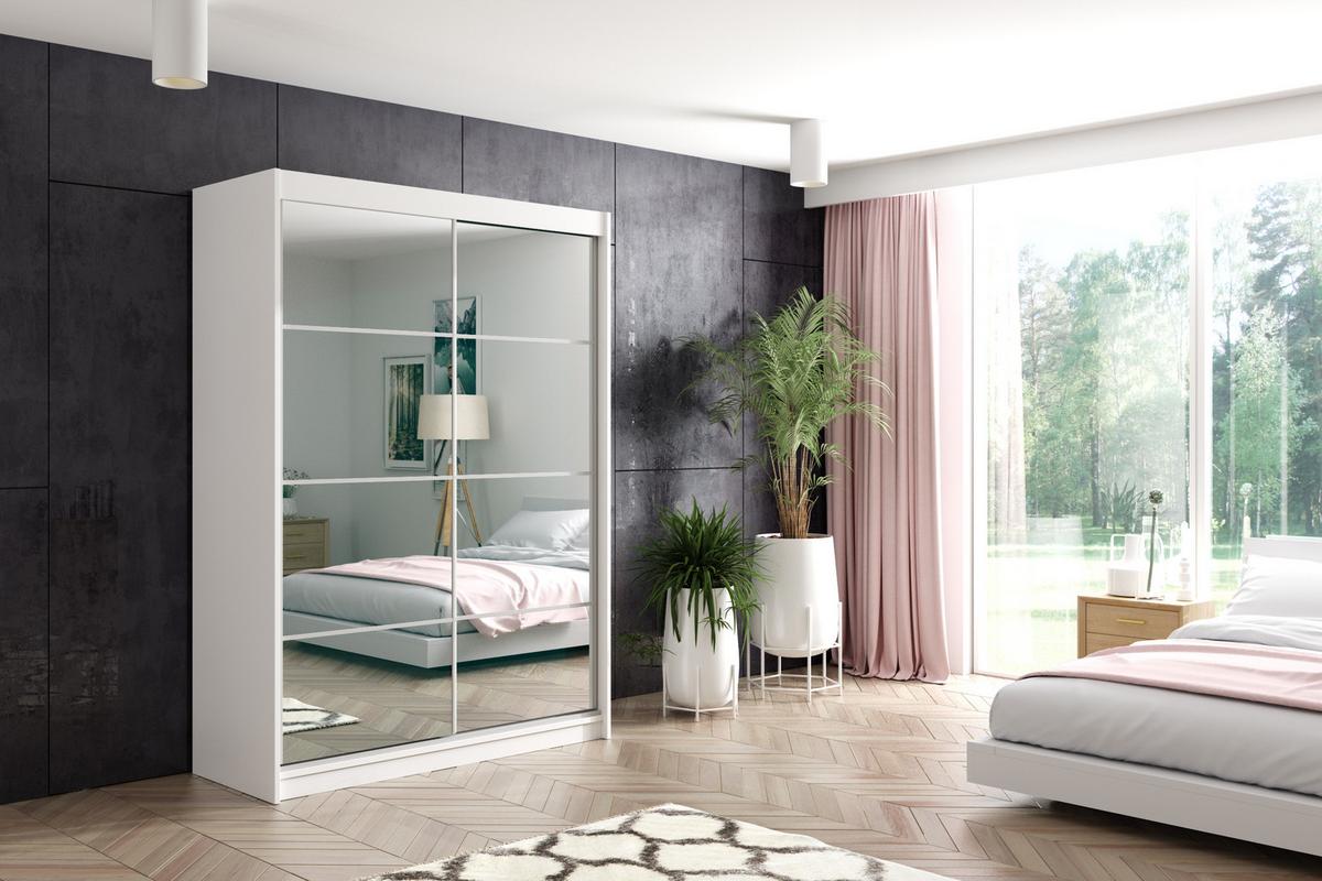 KLEIDERSCHRANK mit Spiegel-Schiebetüren und Aluminium-Leisten - VIVI - 120 cm Weiß - Weiß, Holzwerkstoff (120/216/61cm) - ALTDECOR