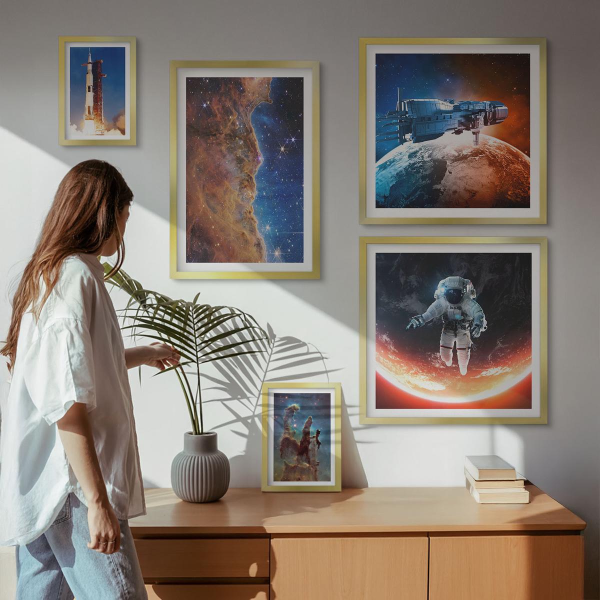 BILDER SET 5er Set - 50x50 cm & 20x30 cm & 40x60 cm Goldrahmen - Farbenfrohes abstraktes Porträt - Goldfarben, Kunststoff (40/60cm) - TULUP