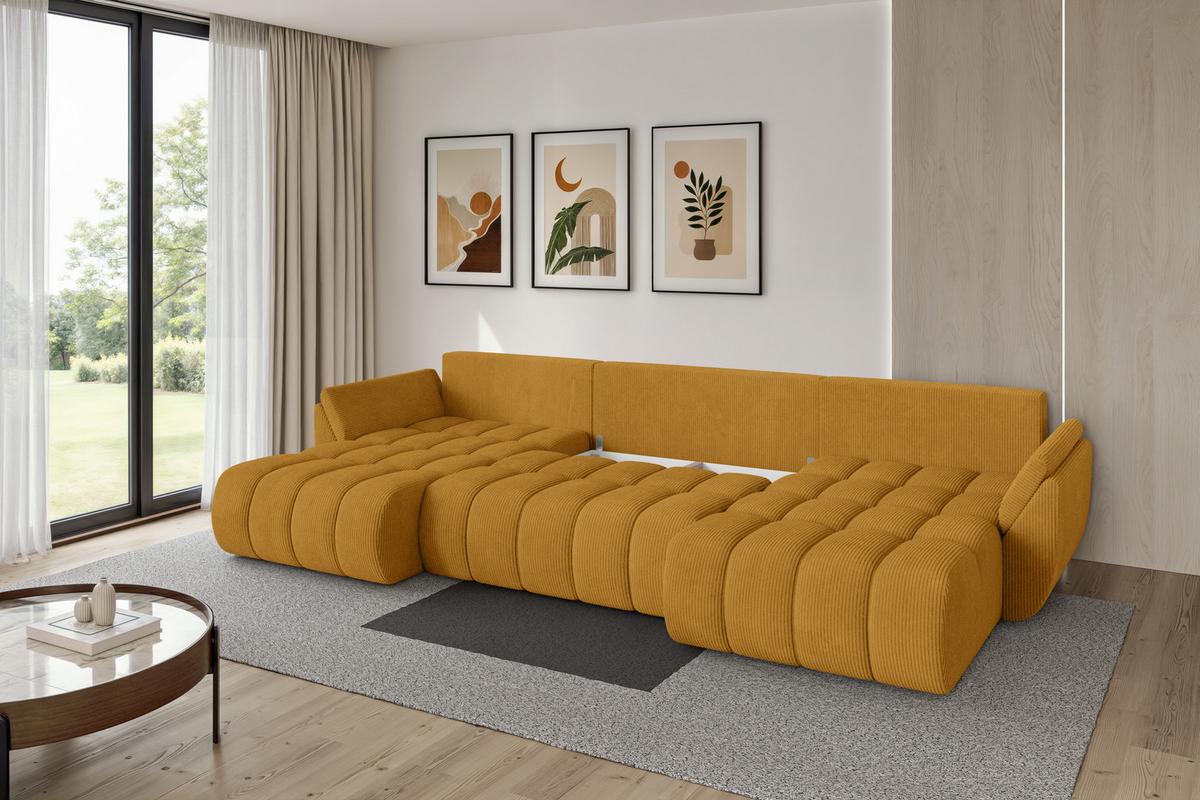 WOHNLANDSCHAFT mit Schlaffunktion und Bettkasten TOKO-U-v1 378x194x86 Senfgelb Cord - Dunkelgelb/Schwarz, Holzwerkstoff/Kunststoff (378/86/194cm) - ALTDECOR