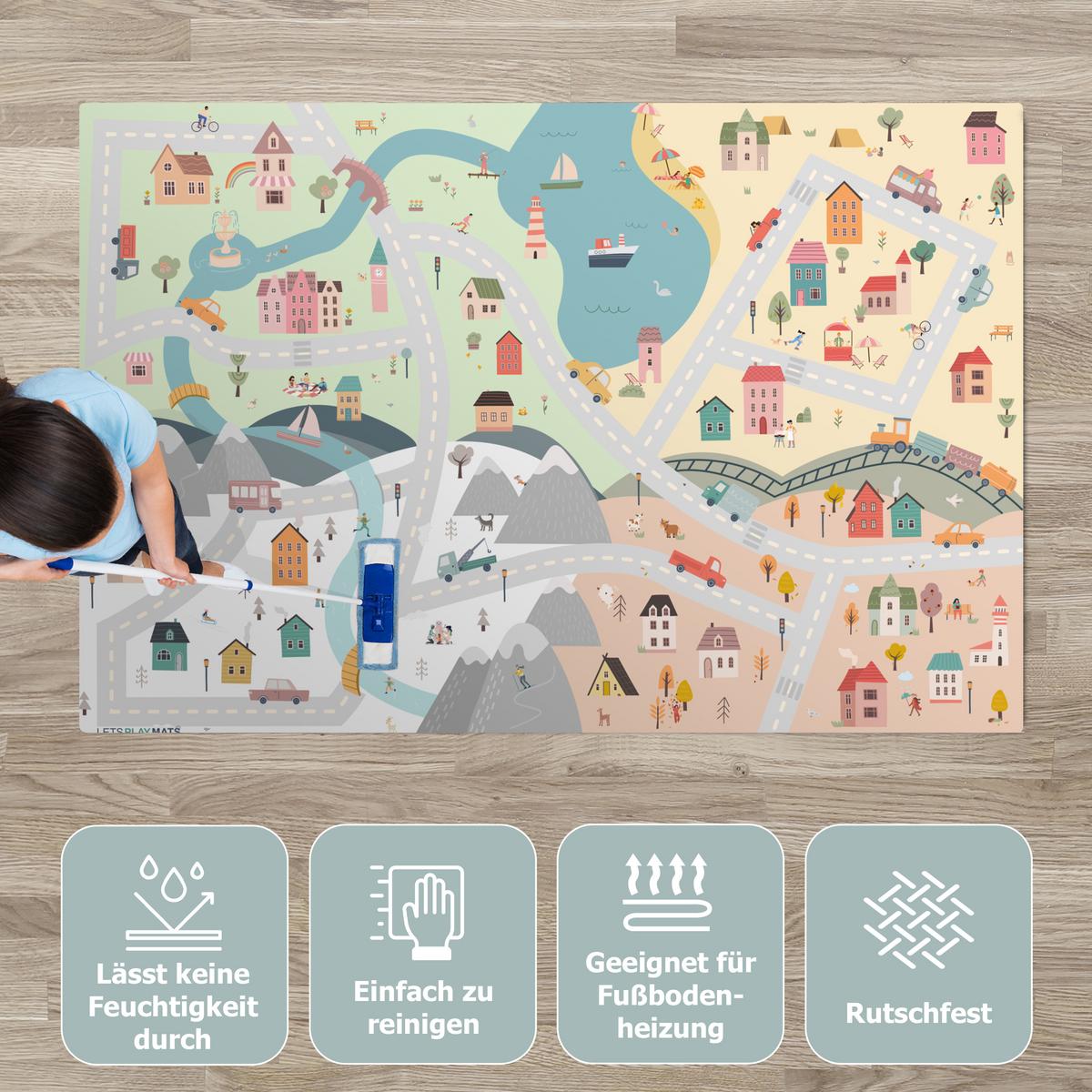 KINDERTEPPICH Jahreszeiten - Stadt - Häuser - Straße - Kinder - Auto Spielteppich 180x120 cm - Multicolor, Kunststoff (180/0.3cm) - OnlyWow