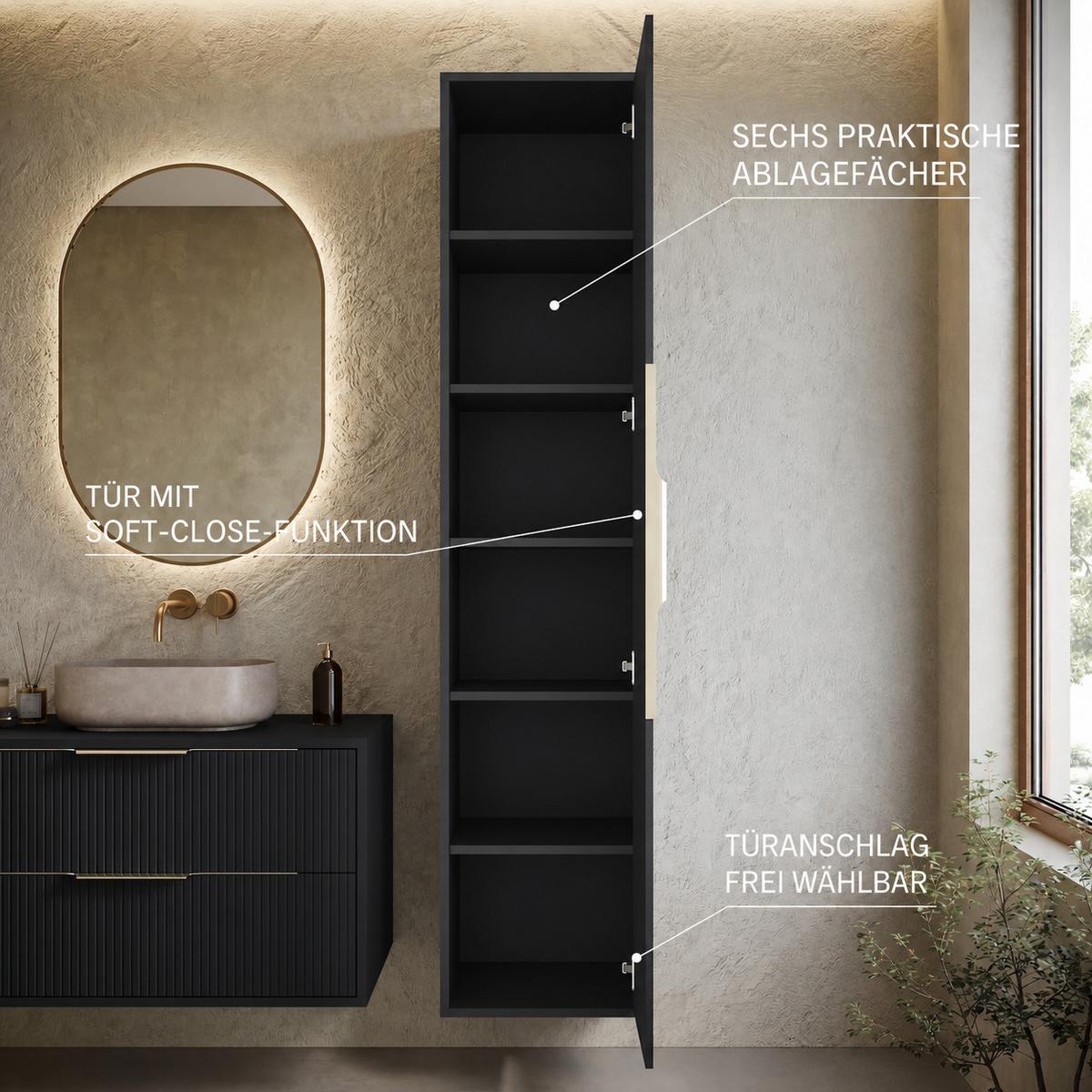 BADEZIMMERSCHRANK Rimini mit 1 Tür Schwarz Matt - 38 x 33 x 170 cm - Schwarz, Holz (33/170/38cm) - Badplaats