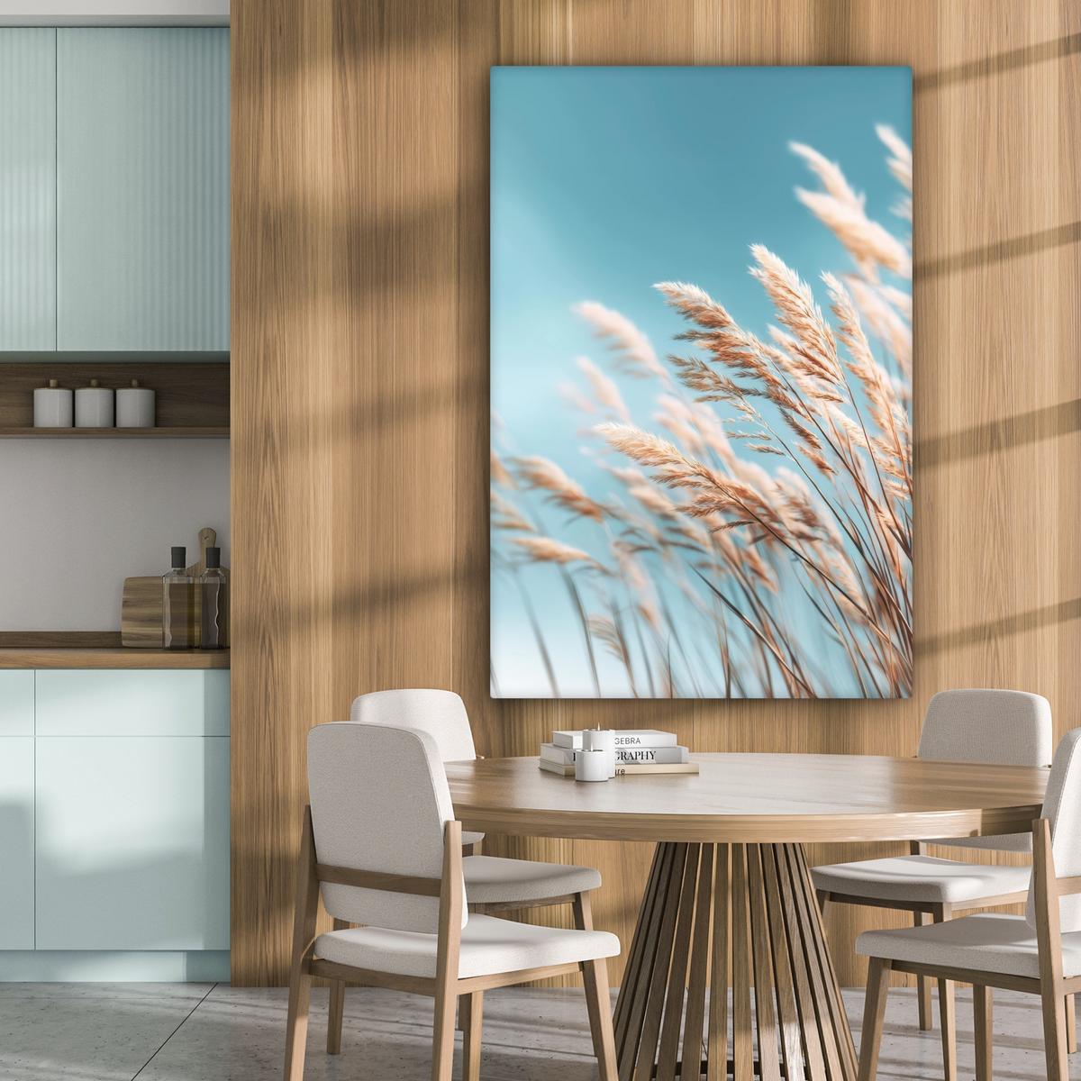 LEINWANDBILD Ziergras - Wind - Hellbraun Deko XXL 80x120 cm - Hellblau, Textil (80/120cm) - MuchoWow