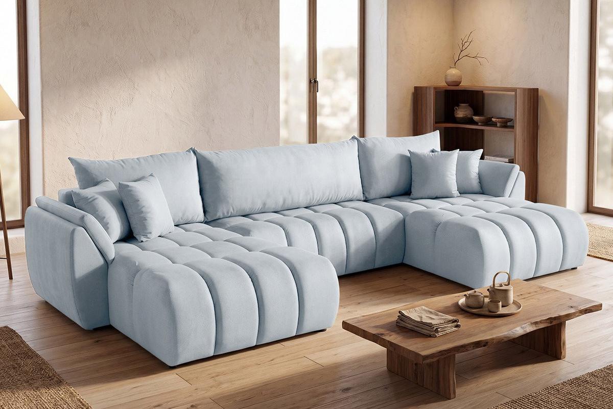 ECKSOFA Iris U mit Schlaffunktion und Bettkasten, U-Form – Hellgrau Samt 382/184/85 cm - Hellgrau/Schwarz, Kunststoff/Textil (382/184cm) - WFL GROUP